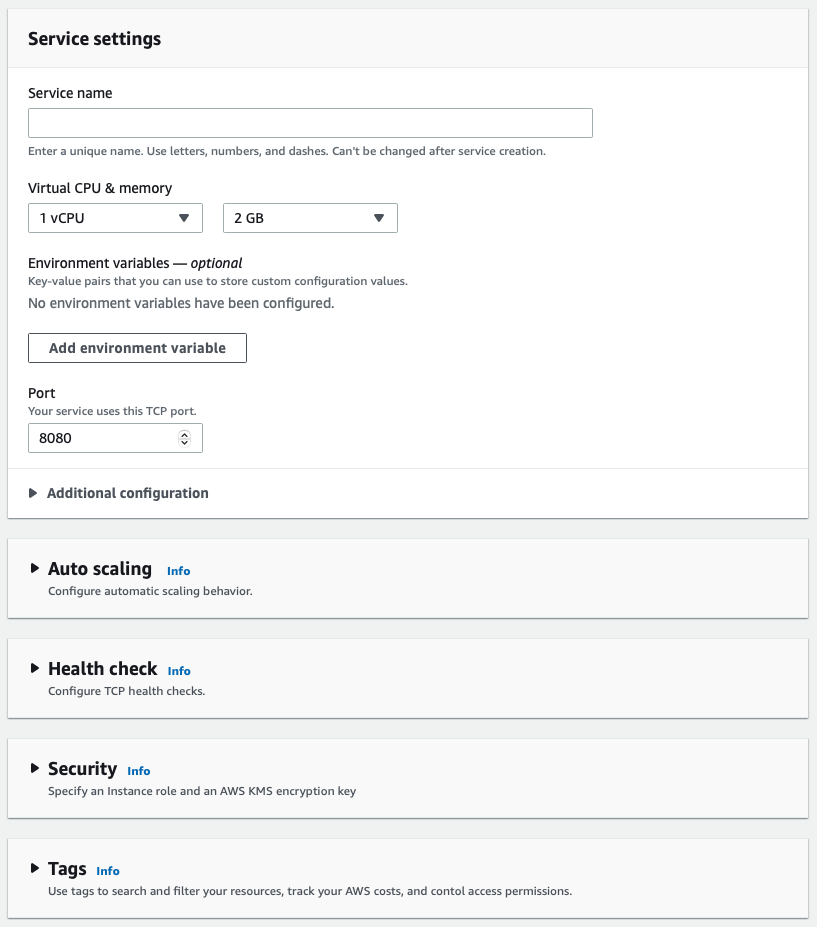 Screenshot of the AWS Console showing the different service settings for an App Runner service.