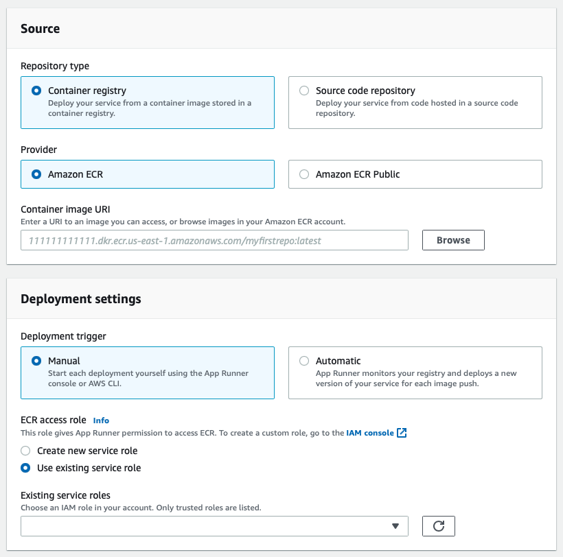 Screenshot of the AWS Console show the different source and deployment options for an App Runner service.